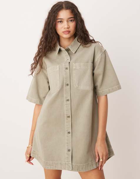 ASOS DESIGN - Robe chemise courte en denim à manches courtes - Kaki - view 1