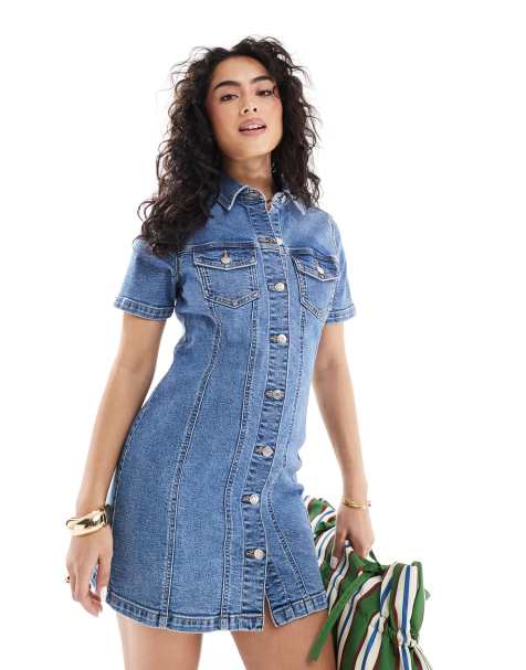 ASOS DESIGN - Robe chemise courte en jean ajustée - Bleu moyen - view 1