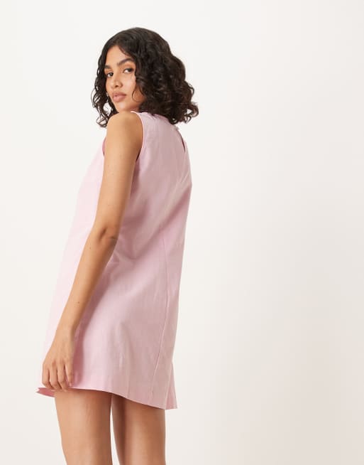 ASOS DESIGN - Robe chemise courte en lin et coton avec rayures et encolure bateau - Rose, 4 de 4