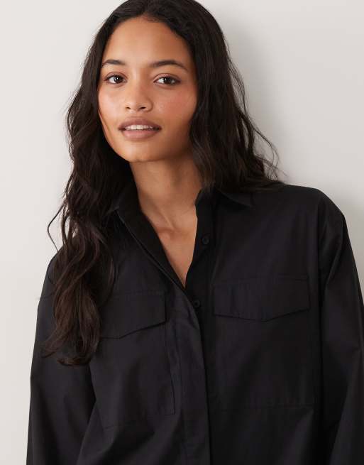 ASOS DESIGN - Robe chemise courte en popeline avec revers larges et poches oversize - Noir, 4 de 4