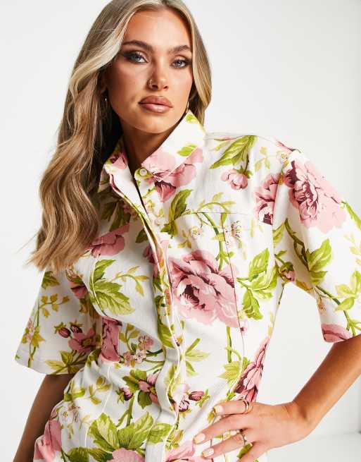 ASOS DESIGN Robe chemise courte en serg imprim floral sur