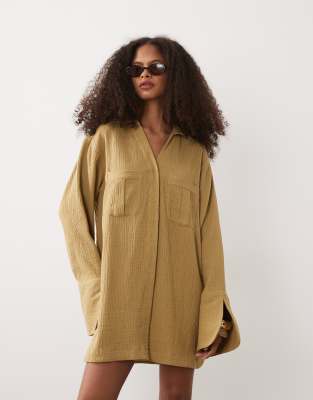 Robe chemise courte en tissu double à poignets larges et poches oversize - Sauge grillée-Multicolore 44