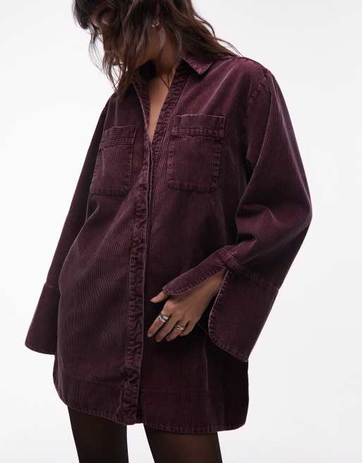 ASOS DESIGN - Robe chemise courte en velours côtelé avec poignets larges et poches oversize - Mûre, 2 de 4