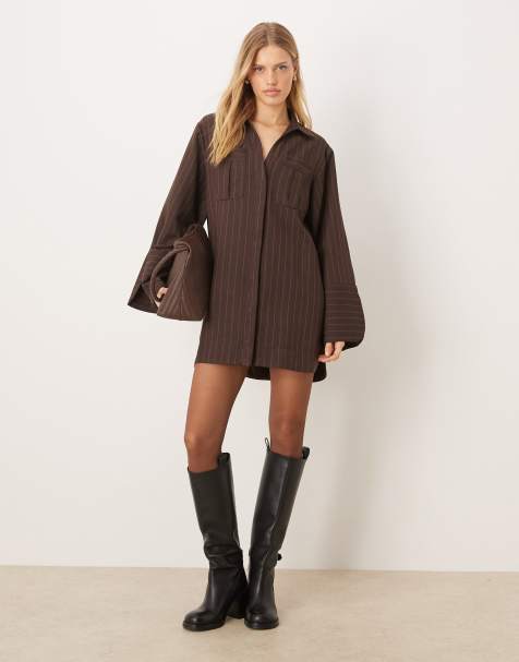ASOS DESIGN - Robe chemise courte et rayée avec poches oversize et poignets larges - Marron - view 1