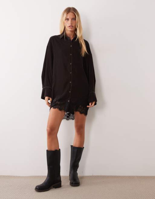 ASOS DESIGN robe chemise courte oversize en velours avec ourlet en dentelle noire, 3 de 4