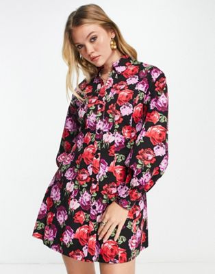 ASOS DESIGN twill flippy mini shirt dress in rose print - ASOS Price Checker