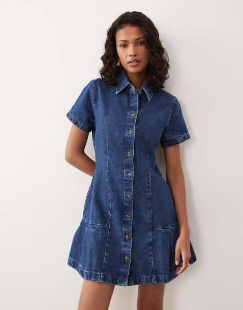 ASOS DESIGN - Robe chemise en jean à ourlet plissé - Bleu moyen délavé - view 1