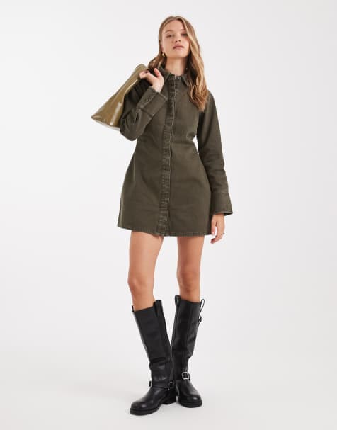 ASOS DESIGN - Robe chemise en jean avec détail cintré au dos - Kaki - view 1