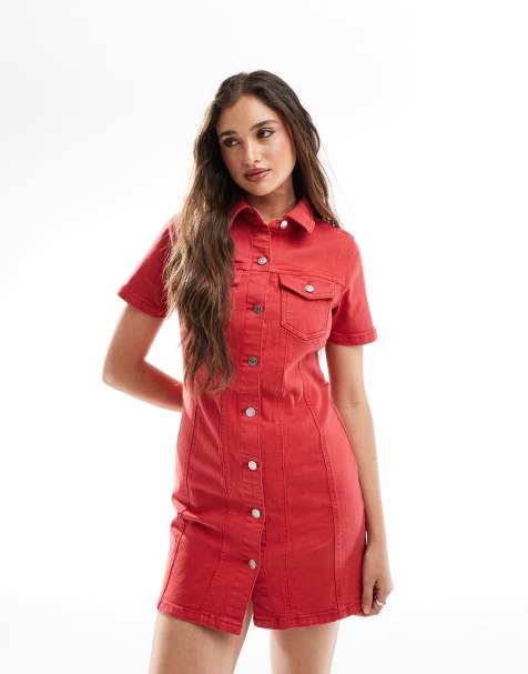 ASOS DESIGN - Robe chemise en jean coupe ajustée - Rouge - view 1