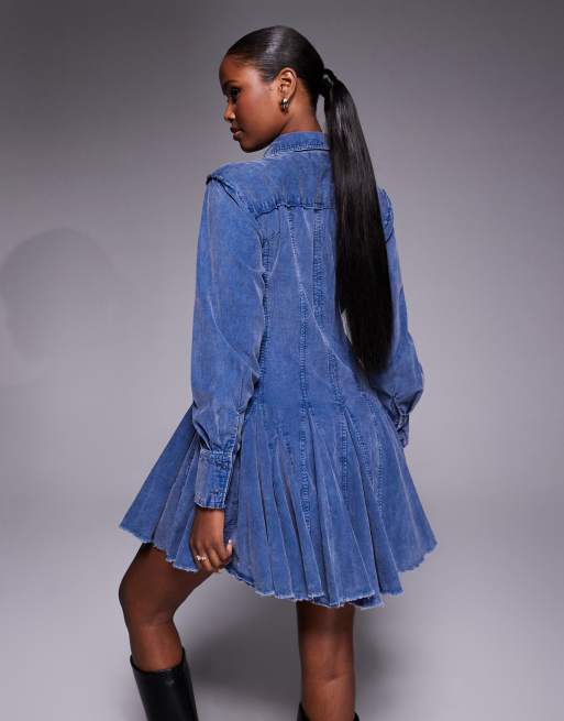 ASOS DESIGN - Robe chemise en velours côtelé à taille cintrée et godets - Bleu jean, 2 de 4
