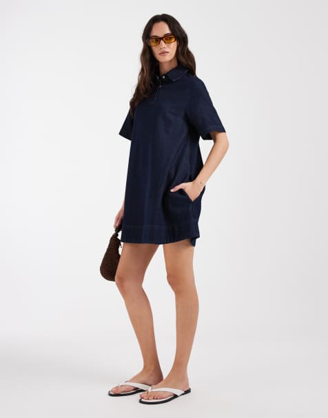 ASOS DESIGN - Robe chemise fluide en jean à col polo - Brut - view 1