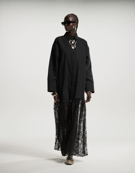 ASOS DESIGN - Robe chemise longue 2 en 1 avec jupe en dentelle - Noir - view 1