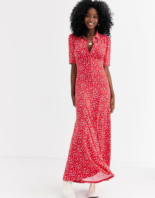 ASOS DESIGN Robe chemise longue manches courtes avec imprim petites fleurs Rouge