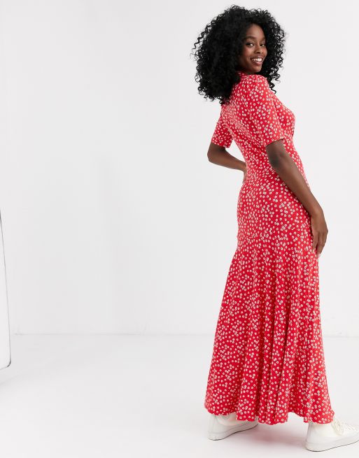 ASOS DESIGN Robe chemise longue manches courtes avec imprim petites fleurs Rouge