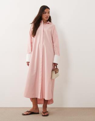 Robe chemise longue à poignets contrastants - Rose et blanc 38