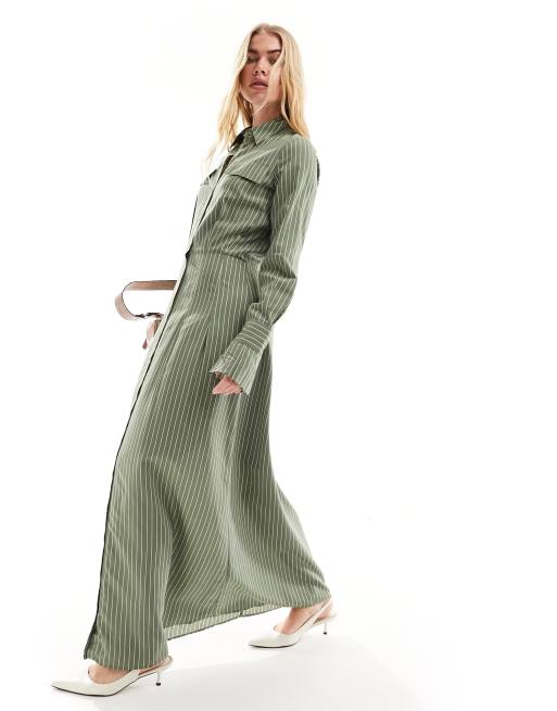 ASOS DESIGN - Robe chemise longue avec liens aux poignets - Olive rayé, 4 de 4