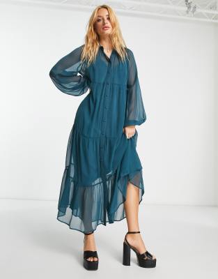 ASOS DESIGN - Robe chemise longue boutonnée à volants - Bleu sarcelle | ASOS