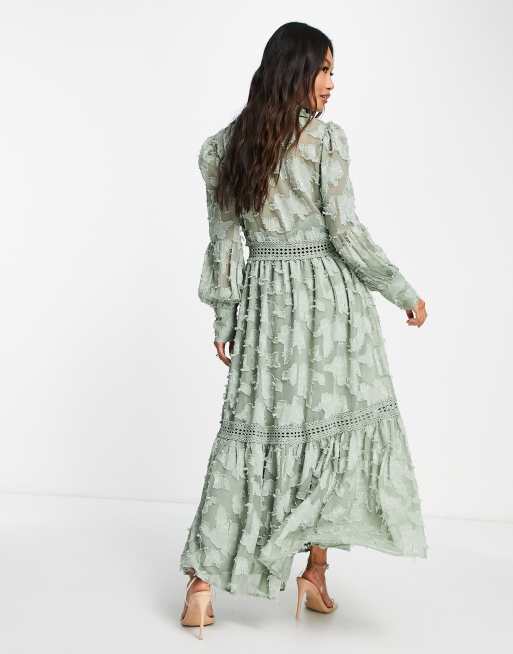 ASOS DESIGN - Robe chemise longue boutonnée en tissu dévoré avec empiècements en dentelle - Kaki, 2 de 4