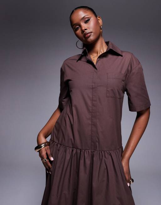ASOS DESIGN - Robe chemise longue coupe trapèze - Chocolat, 2 de 4