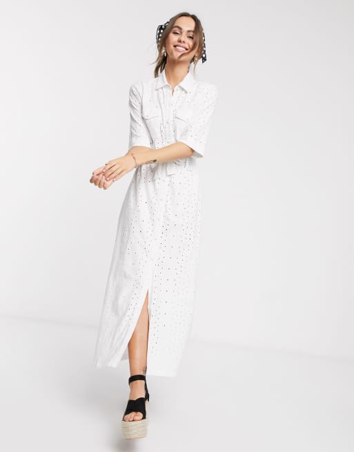 ASOS DESIGN Robe chemise longue en broderie anglaise Blanc