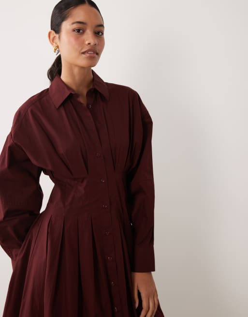 ASOS DESIGN robe chemise longue en popeline avec taille cintrée en bordeaux, 2 de 4