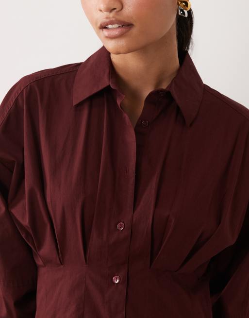 ASOS DESIGN robe chemise longue en popeline avec taille cintrée en bordeaux, 3 de 4