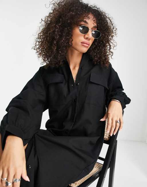 ASOS DESIGN Robe chemise longue style casual en lin Noir ASOS