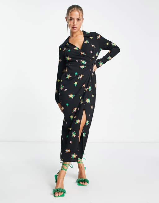 ASOS DESIGN Robe chemise mi longue cache c ur boutonn e fronc e sur le devant imprim fleurs Noir