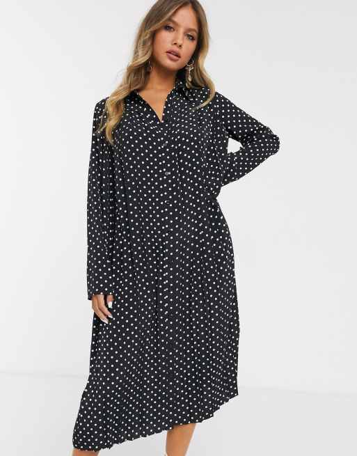 ASOS DESIGN Robe chemise mi longue pliss e pois Noir et blanc