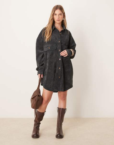 ASOS DESIGN - Robe chemise oversize en velours côtelé - Noir délavé - view 1