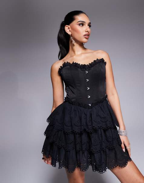 ASOS DESIGN - Robe corset bandeau courte avec jupe à volants en broderie anglaise - Noir - view 1