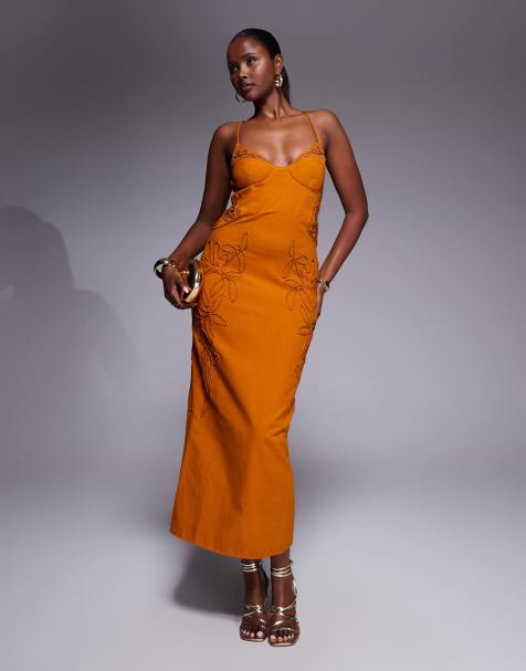 ASOS DESIGN - Robe corset longue à broderies fleuries - Doré intense - view 1