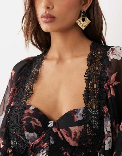 ASOS DESIGN - Robe corset longue à imprimé fleurs avec manches longues et bordures en dentelle - Marron, 2 de 4