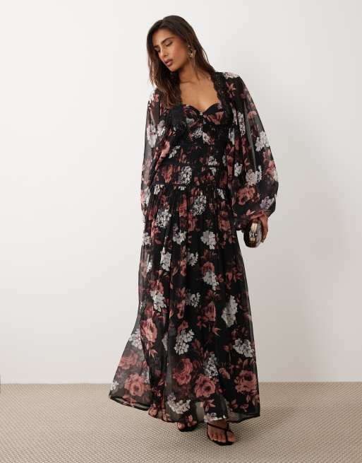 ASOS DESIGN - Robe corset longue à imprimé fleurs avec manches longues et bordures en dentelle - Marron, 3 de 4