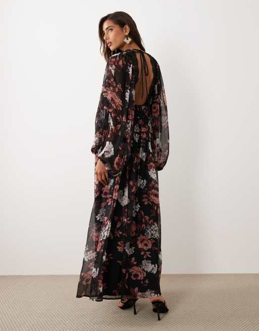ASOS DESIGN - Robe corset longue à imprimé fleurs avec manches longues et bordures en dentelle - Marron, 4 de 4
