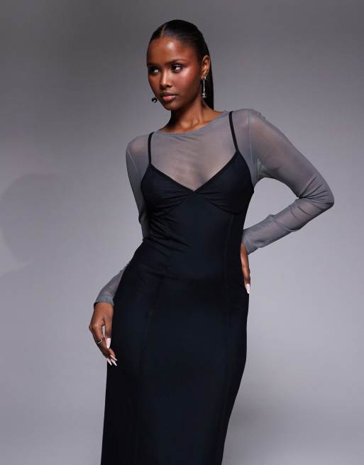 ASOS DESIGN - Robe corset longue en tulle double épaisseur avec surpiqûres - Anthracite, 4 de 4