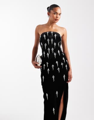 Robe corset longue et ornementée en velours avec jupe drapée effet superposé - Noir 36