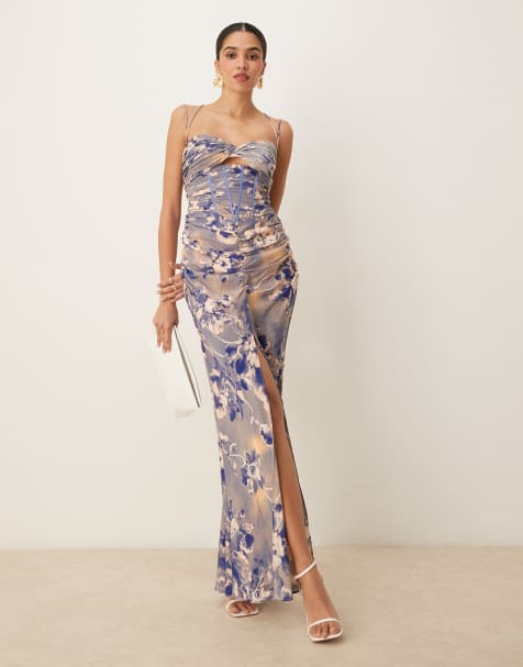 ASOS DESIGN - Robe corset longue froncée et jupe longue et bretelles - Bleu fleuri - view 1