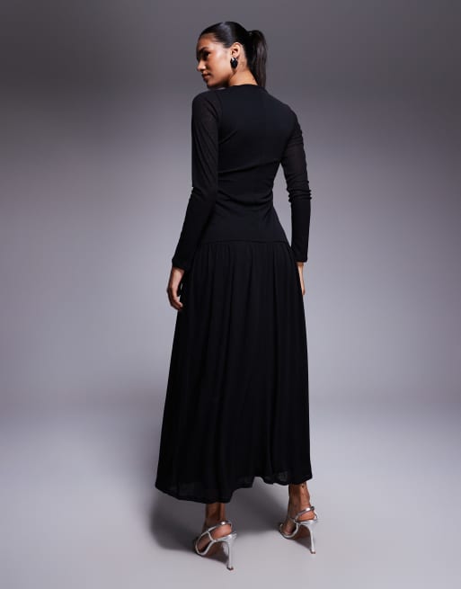 ASOS DESIGN - Robe côtelée longue avec manches longues et fronces sur l'avant - Noir, 4 de 4