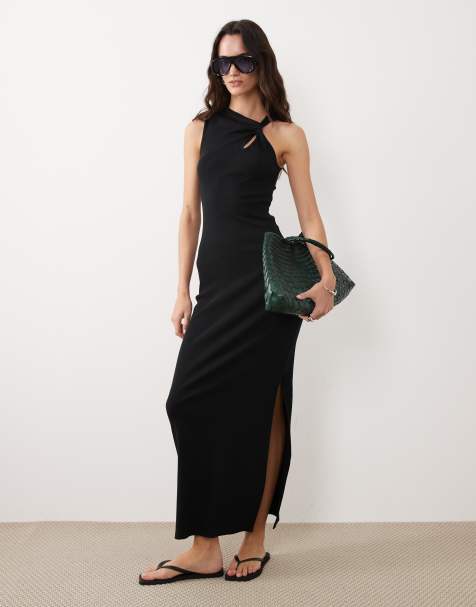 ASOS DESIGN - Robe côtelée mi-longue à encolure américaine avec fente goutte d'eau - Noir - view 1