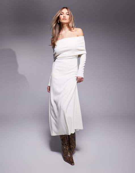 ASOS DESIGN - Robe côtelée mi-longue à manches longues et encolure bardot - Crème - view 1