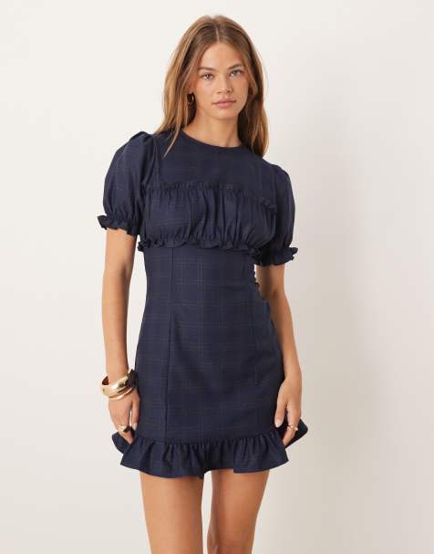 ASOS DESIGN - Robe courte à carreaux avec manches courtes et volants sur le buste - Bleu marine - view 1