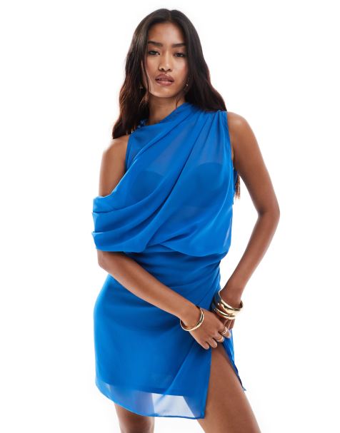 ASOS DESIGN - Robe courte à col montant et épaule tombante - Bleu foncé - view 1