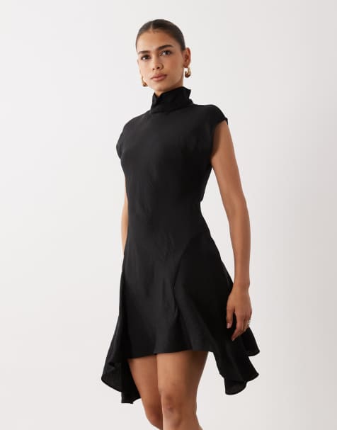 ASOS DESIGN - Robe courte à col montant et ourlet mouchoir - Noir - view 1