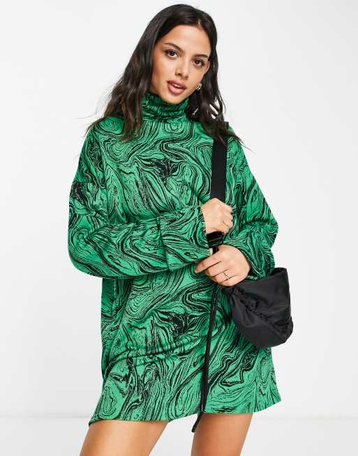 ASOS DESIGN - Robe courte ?� col roul?� - Imprim?� marbre vert et noir | ASOS