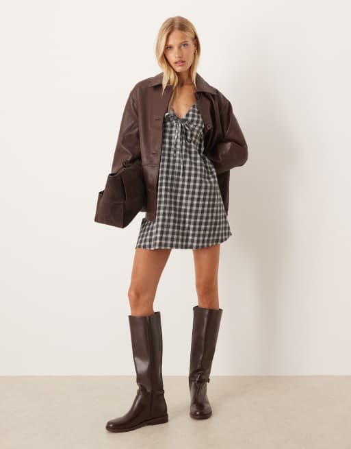 ASOS DESIGN - Robe courte à col V nouée sur le buste avec manches volumineuses - Carreaux gris, 3 de 4