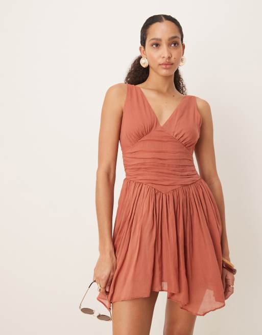 ASOS DESIGN v neck mini dress with handkerchief hem in terracotta