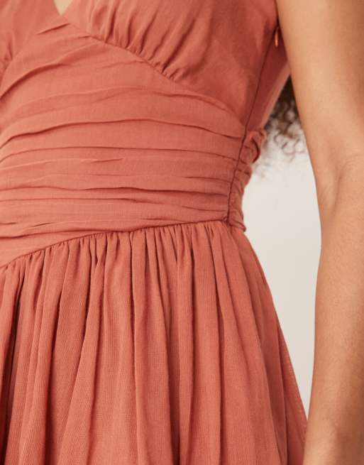 ASOS DESIGN v neck mini dress with handkerchief hem in terracotta