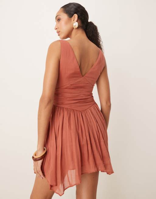 ASOS DESIGN v neck mini dress with handkerchief hem in terracotta