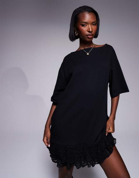 ASOS DESIGN - Robe courte à encolure bateau avec jupe en dentelle - Noir - view 1